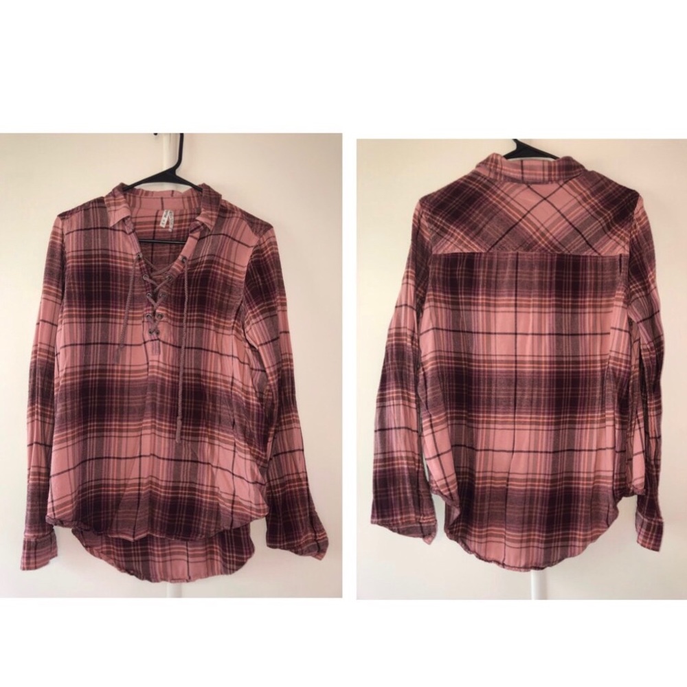 Plaid front tie long sleeve